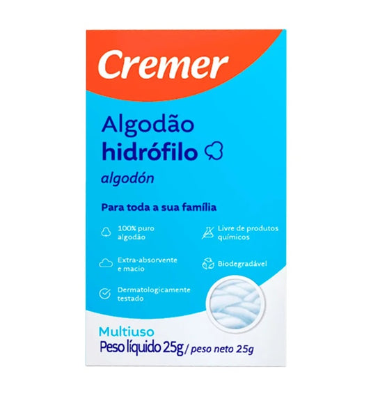 Algodão Hidrófilo Cremer multiuso Biodegradável 25g